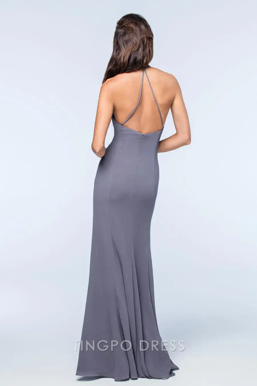 TingPo Wholesale Elegant Grey Spaghetti Strap Dress - Square Neck Open Back Sheath Maxi Evening Gown